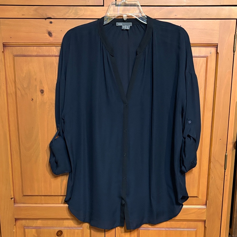 Vince Midnight Blue Blouse with Roll-Up Sleeves and black trim. Silk